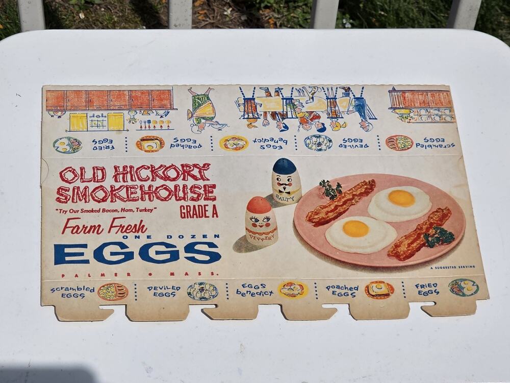 vintage 1950s Old Hickory Smokehouse Egg Carton, unused old stock, nice graphics